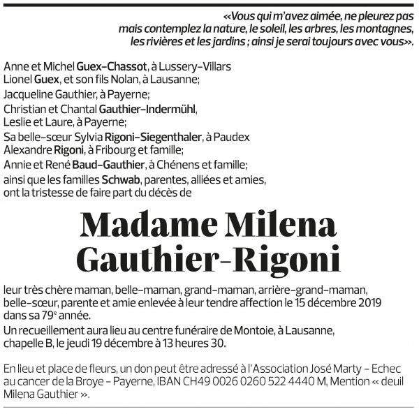 Annuncio funebre Milena Gauthier-rigoni
