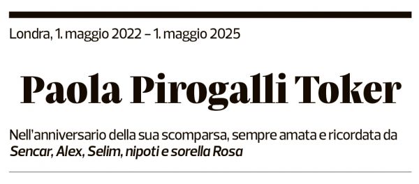 Annuncio funebre Paola Pirogalli Toker