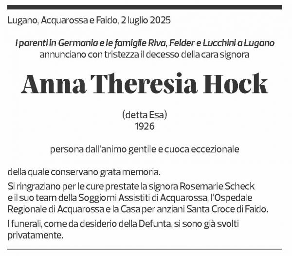 Annuncio funebre Anna Theresia Hock