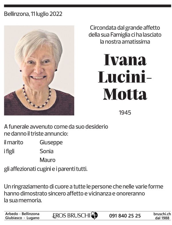 Annuncio funebre Ivana Lucini-motta