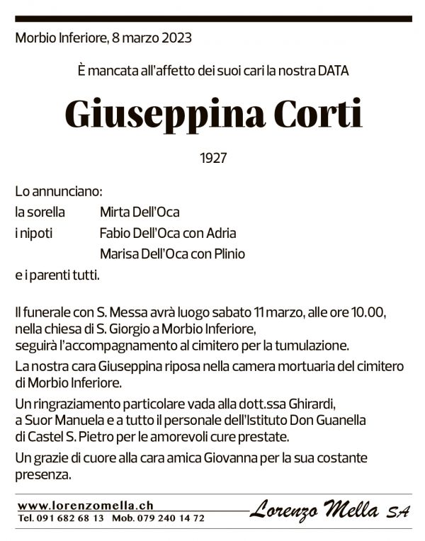 Annuncio funebre Giuseppina Corti