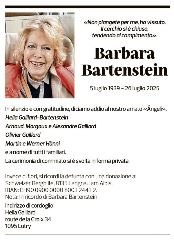 Annuncio funebre Barbara Bartenstein