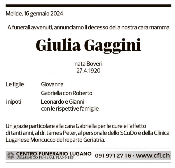 Annuncio funebre Giulia Gaggini