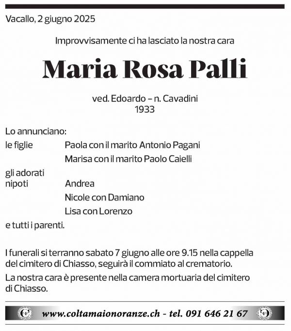 Annuncio funebre Maria Rosa Palli