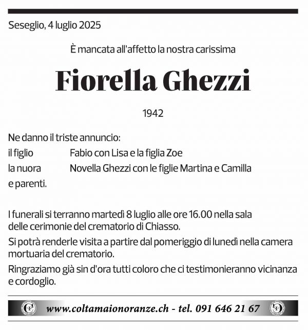 Annuncio funebre Fiorella Ghezzi