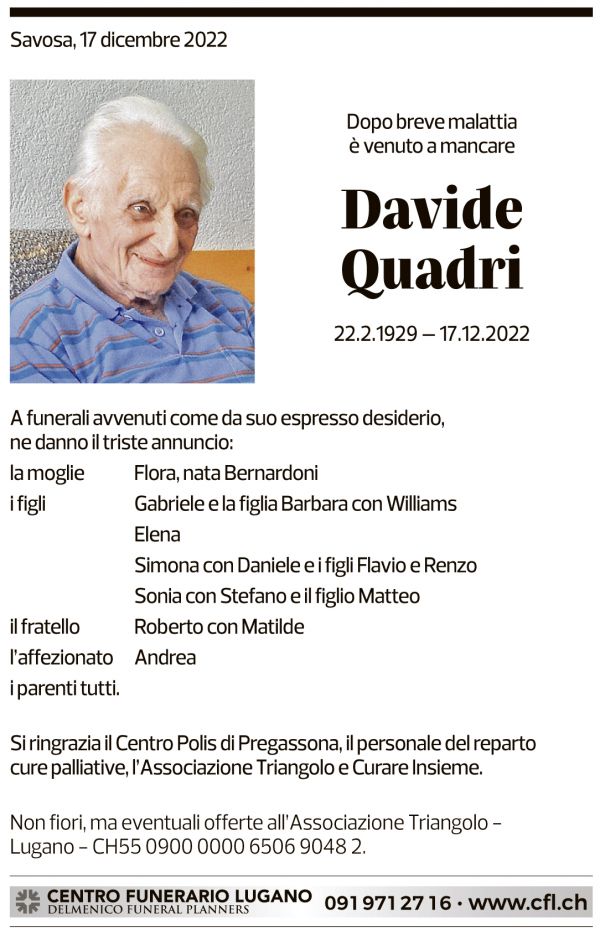 Annuncio funebre Davide Quadri