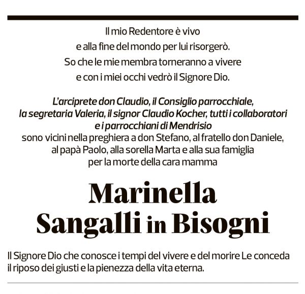 Annuncio funebre Marinella Sangalli In Bisogni