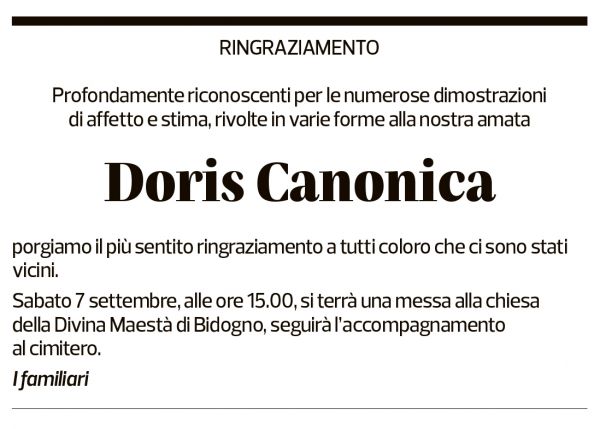 Annuncio funebre Doris Canonica