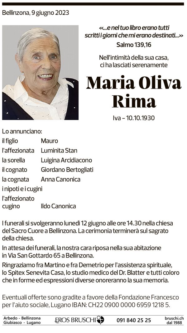 Annuncio funebre Maria Oliva Rima