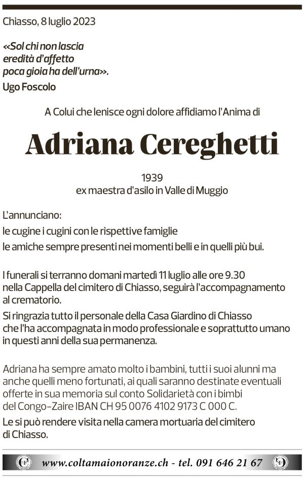 Annuncio funebre Adriana Cereghetti