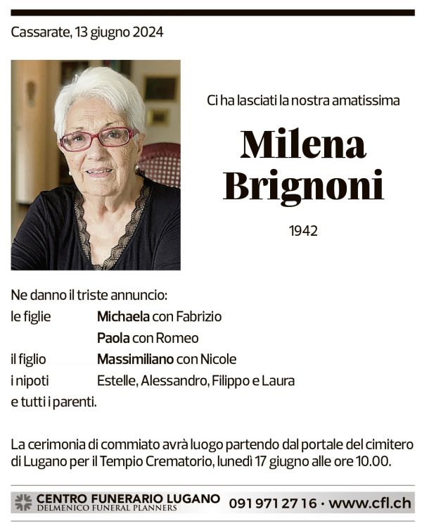 Annuncio funebre Milena Brignoni