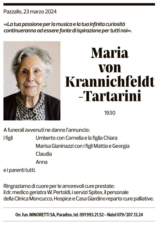 Annuncio funebre Maria Von Krannichfeldt-tartarini