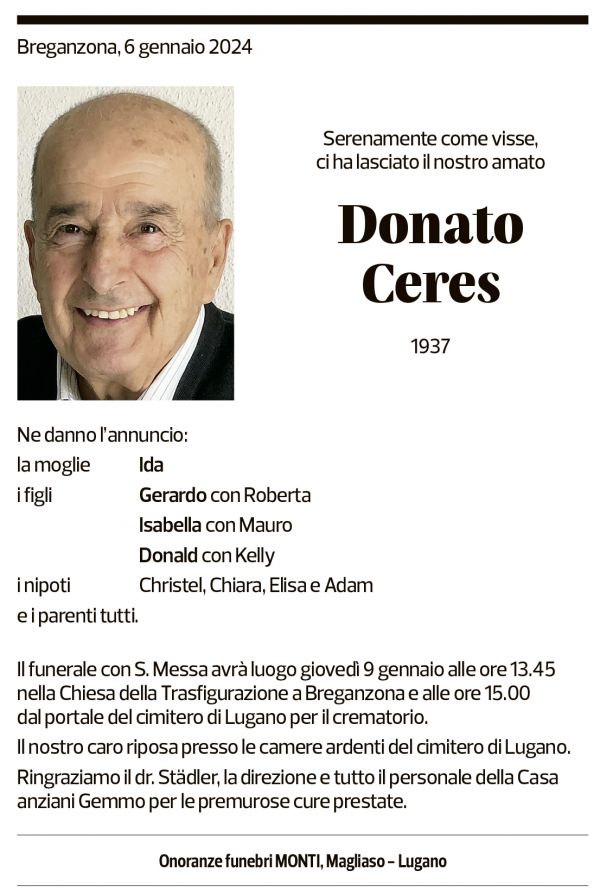 Annuncio funebre Donato Ceres