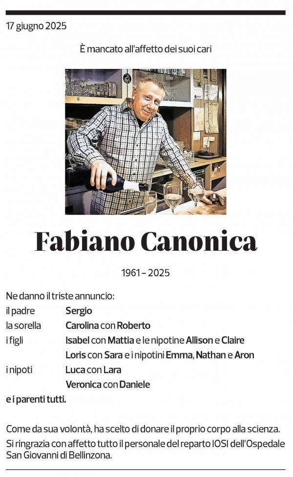 Annuncio funebre Fabiano Canonica