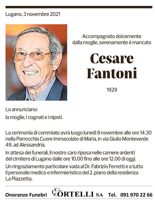 Annuncio funebre Cesare Fantoni