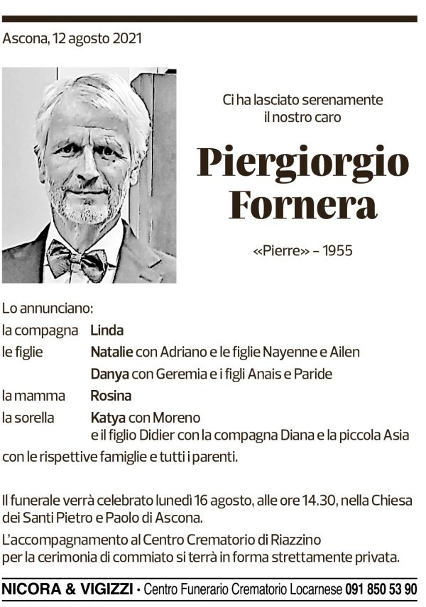 Annuncio funebre Piergiorgio Fornera