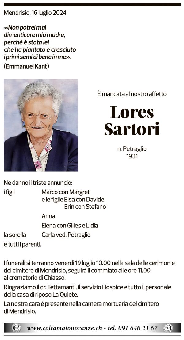 Annuncio funebre Lores Sartori