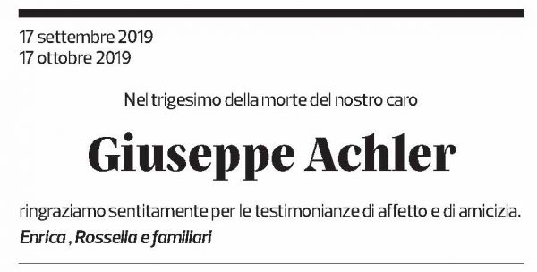 Annuncio funebre Giuseppe Achler
