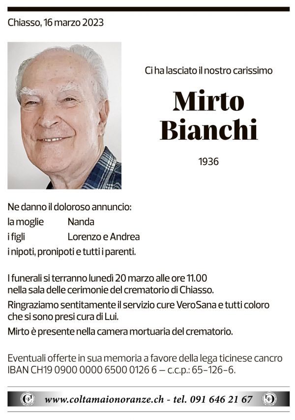 Annuncio funebre Mirto Bianchi