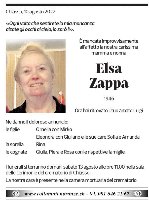 Annuncio funebre Elsa Zappa