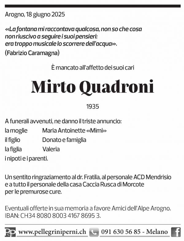 Annuncio funebre Mirto Quadroni