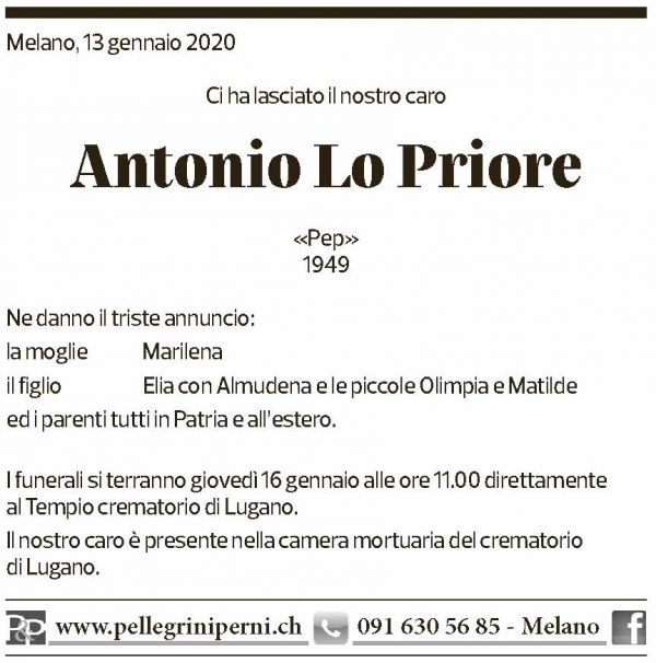 Annuncio funebre Antonio Lo Priore