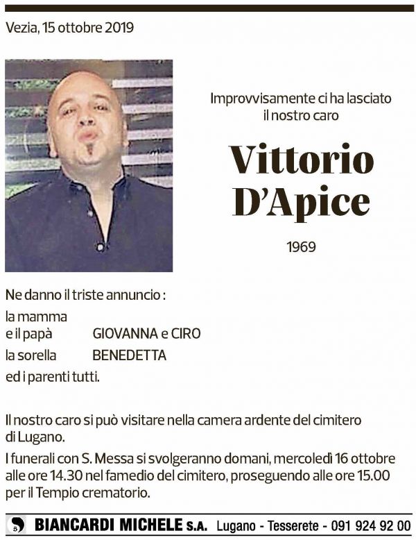 Annuncio funebre Vittorio D'apice