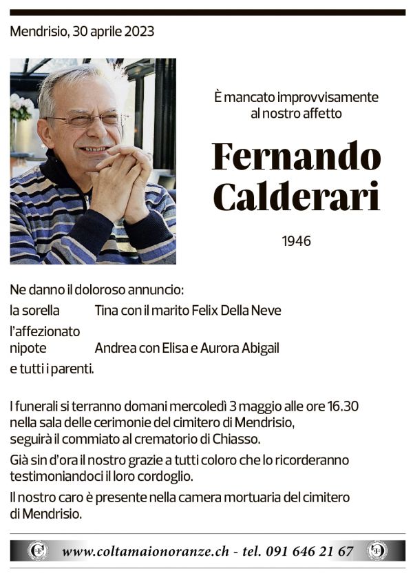 Annuncio funebre Fernando Calderari