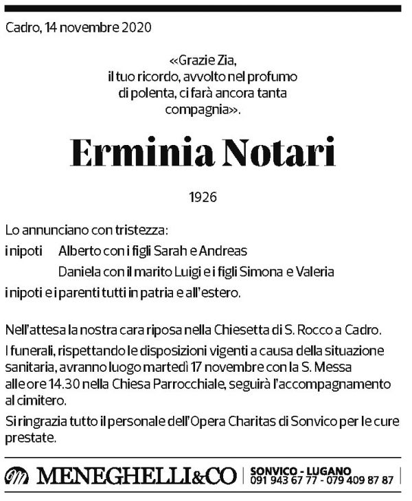 Annuncio funebre Erminia Notari