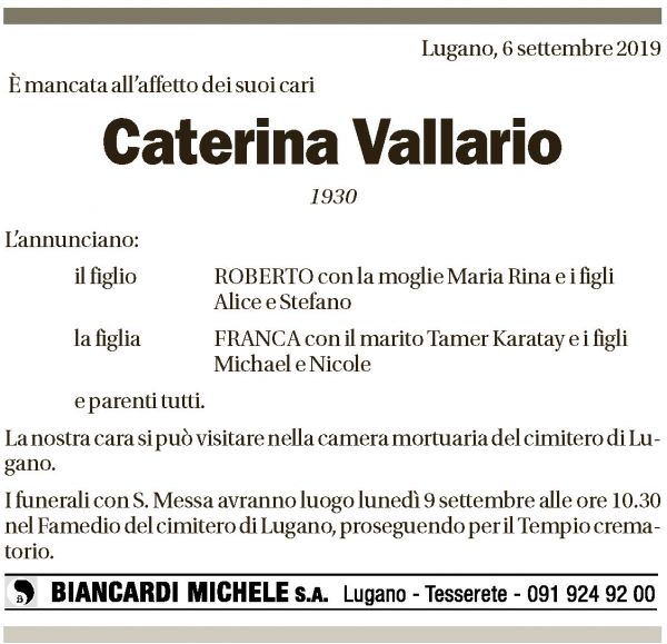 Annuncio funebre Caterina Vallario