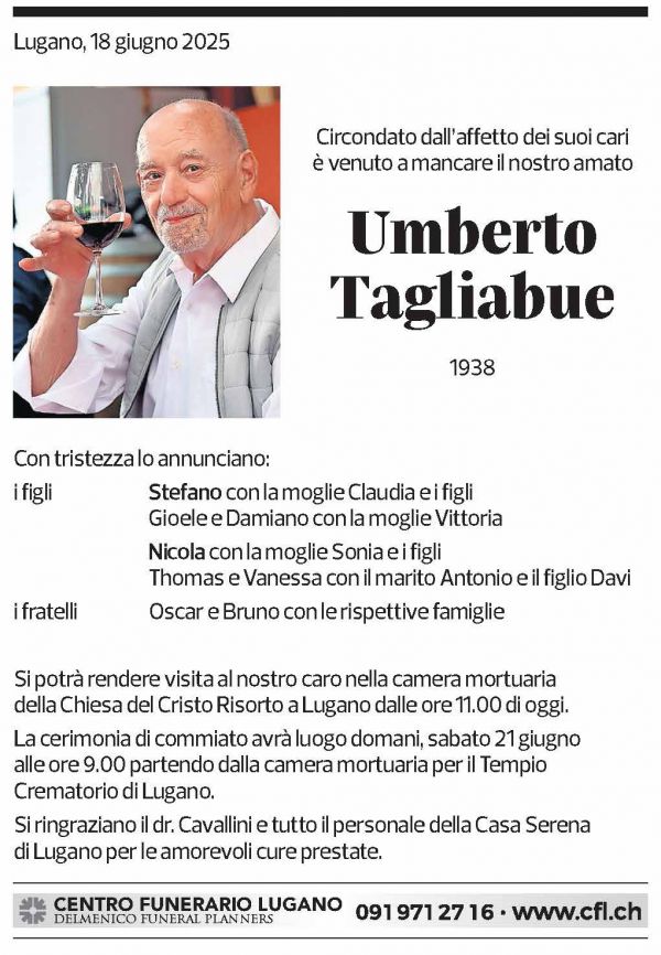 Annuncio funebre Umberto Tagliabue