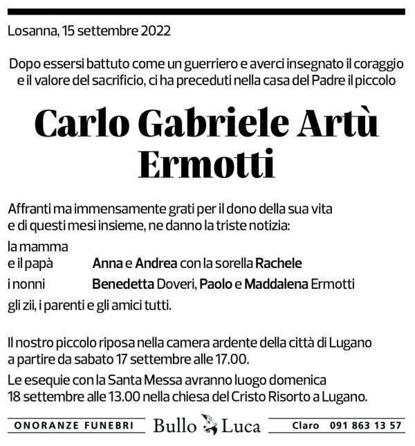 Annuncio funebre Carlo Gabriele Artù Ermotti