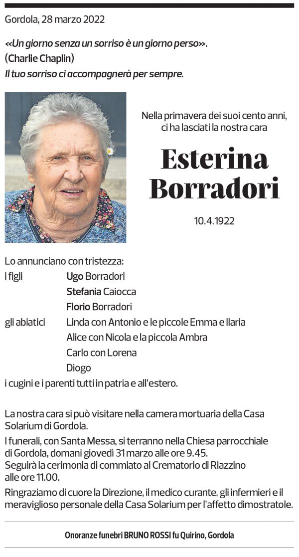 Annuncio funebre Esterina Borradoni