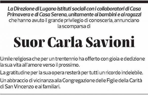 Annuncio funebre Suor Carla Savioni