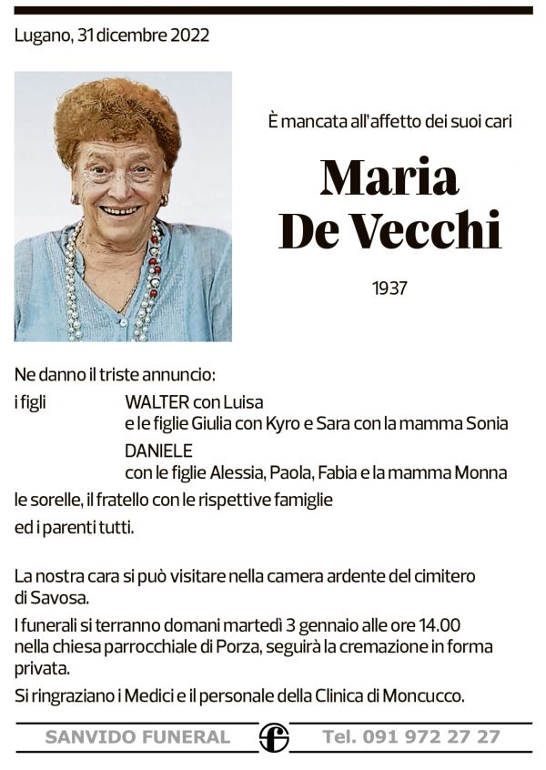 Annuncio funebre Maria De Vecchi