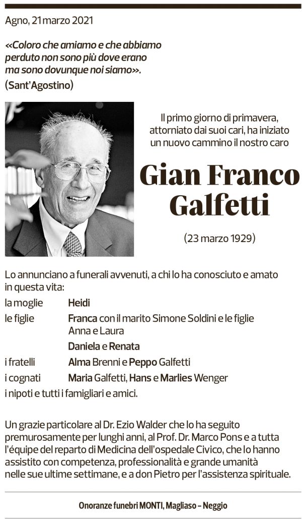 Annuncio funebre Gian Franco Galfetti