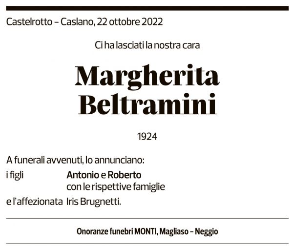 Annuncio funebre Margherita Beltramini