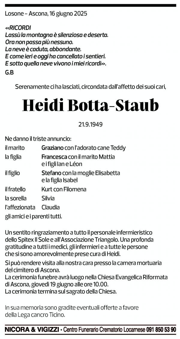 Annuncio funebre Heidi Botta-staub