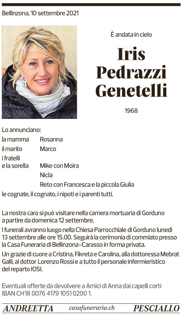 Annuncio funebre Iris Pedrazzi Genetelli