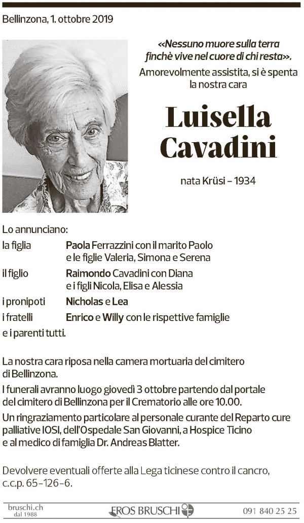 Annuncio funebre Luisella Cavadini