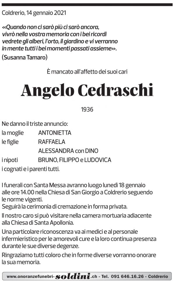 Annuncio funebre Angelo Cedraschi