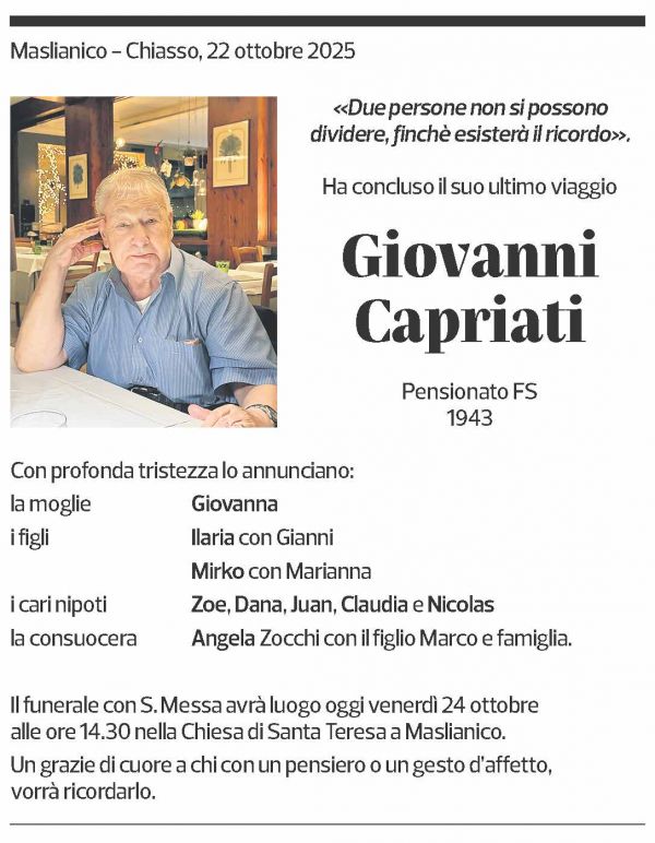 Annuncio funebre Giovanni Capriati