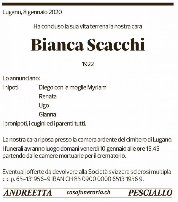 Annuncio funebre Bianca Scacchi