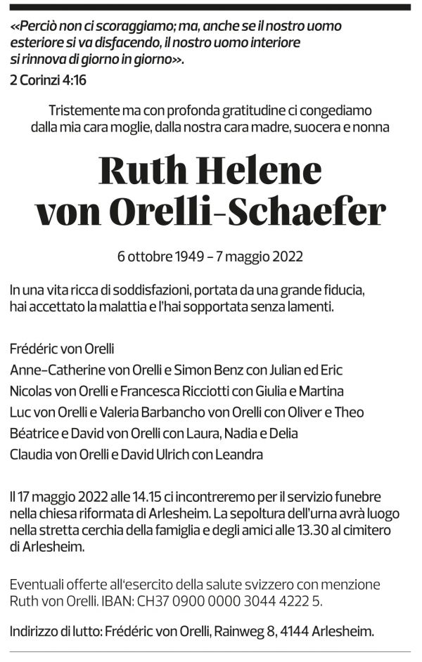 Annuncio funebre Ruth Helene Von Orelli-schaefer