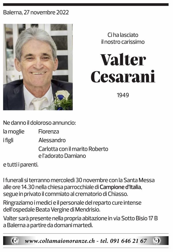 Annuncio funebre Valter Cesarani