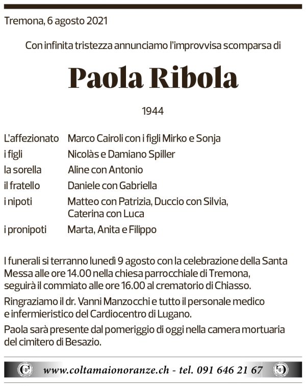 Annuncio funebre Paola Ribola