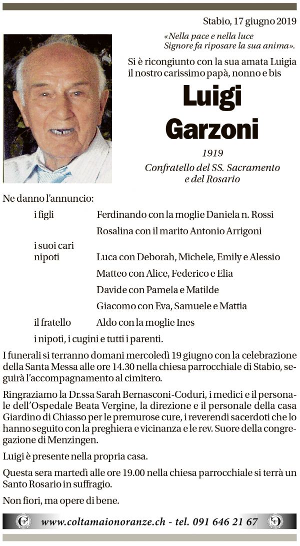 Annuncio funebre Luigi Garzoni