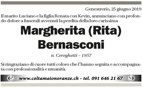 Annuncio funebre Margherita Bernasconi