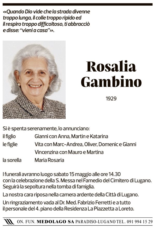 Annuncio funebre Rosalia Gambino