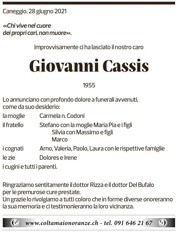 Annuncio funebre Giovanni Cassis